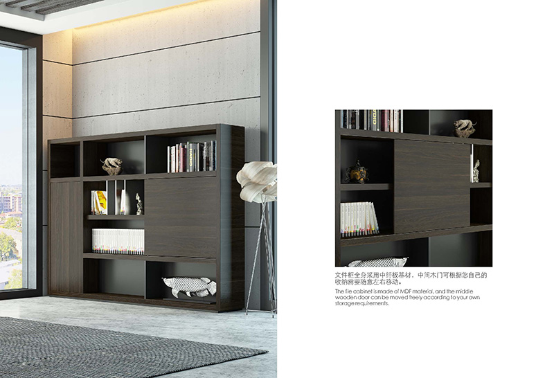 文件柜全身采用中纖板基材，中間門板可以根據自己的需求隨意左右移動